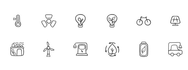 Set of vector icons representing ecological energy. Renewable energy, sustainability, green power, solar energy. Vector black set icon on a white background