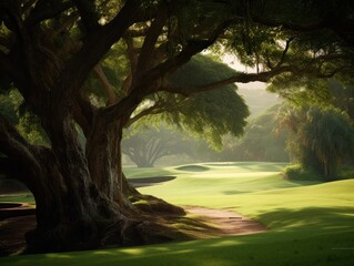 beautiful golf course at sunset or sunrise, generative ai