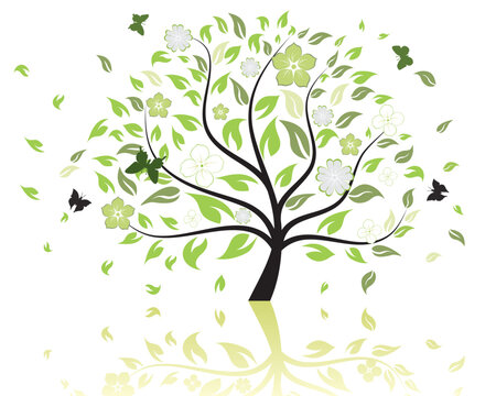 Vector illustration of tree with falling leaves and butterflies