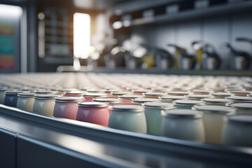 Obraz premium Production of yogurt, sour cream, kefir and other fermented milk products with bifidobacteria, jars on the assembly line of the plant. Generative AI.