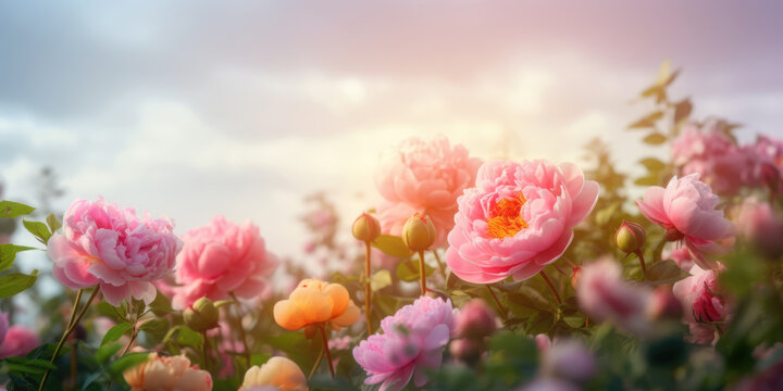 Peony-shaped Roses in Garden at sunset. Beautiful floral background for greeting card for Birthday, Mother's day, Voman's day, Wedding. Generative ai illustration