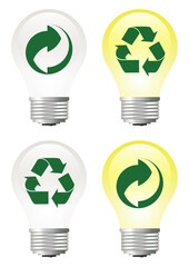 Light bulbs with recycle symbols over white background