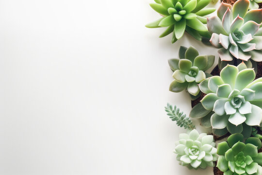 Various succulents on a white background, top view, copy space. 