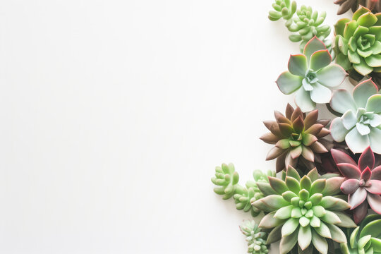 Various succulents on a white background, top view, copy space. 