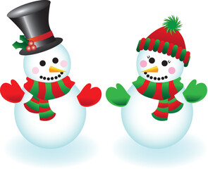Vector illustration of a happy snowman and snowlady wearing hats, mittens and scarves