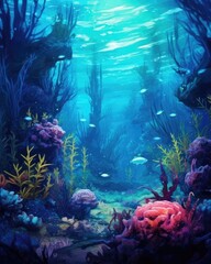 Fototapeta na wymiar The sea is underwater and lit by blue sunlight. (Generative AI)