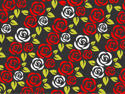 Stylized red and white roses pattern on a black background.