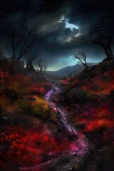 Fantasy, mystical landscape. Strange spooky magical arthouse style forest