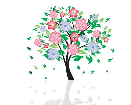 Vector illustration of blossom tree with falling leaves