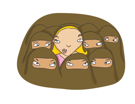 Vector Illustration of Young modern-looking girl in the crowd of women wearing traditional Islamic clothes