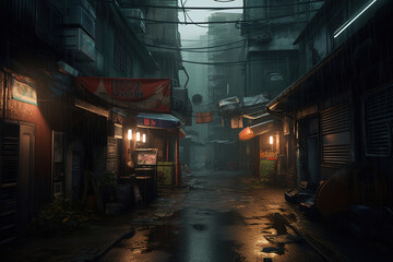 a dark alley with graffiti on the walls, cyberpunk, generative ai 