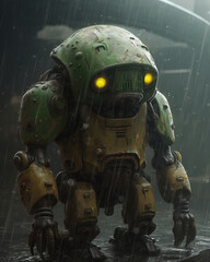character concept  of a green robot in the rain, generative ai 