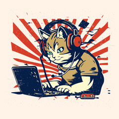 Vintage retro cat, behind a laptop with headphones vector illustration