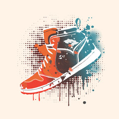 Hand drawn textured vintage label, retro badge with sneakers vector illustration