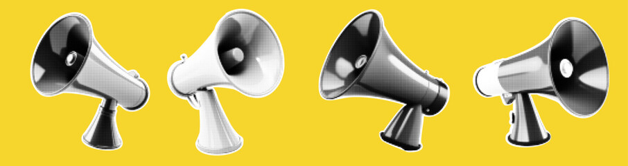 Loudspeakers for collage. Pack of megaphones on yellow background. Vector halftone illustration with elements of a doodle. Grunge punk set. Lightning blah lines.  - obrazy, fototapety, plakaty