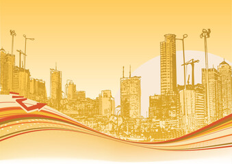 Vector illustration of Big City. Orange urban background with abstract composition of dots and curved lines.