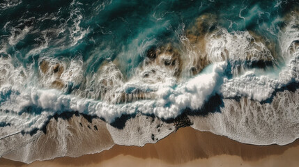 Fototapeta na wymiar Aerial view of waves crashing on a beach. Generative AI