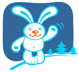 Cartoon  rabbit on a blue winter background with trees.