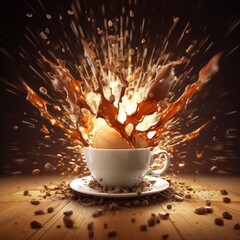 Explosion of coffee espresso with a cup and beans 
