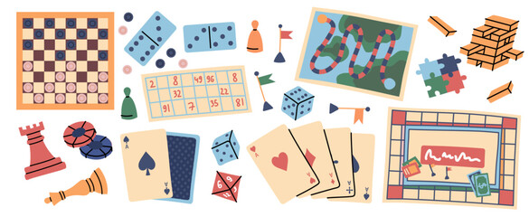 Cartoon Color Board Games Different Types Set Leisure Concept Flat Design Style Include of Domino, Chess and Puzzle. Vector illustration © bigmouse108
