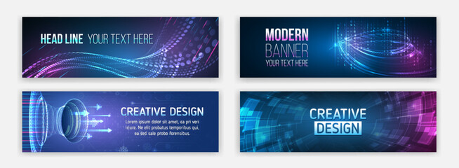 Abstract horizontal promotion media cover design. Big data futuristic web background. Visualization of data arrays, databases. Information flow, sorting. Set of Hi-tech banner templates for websites.