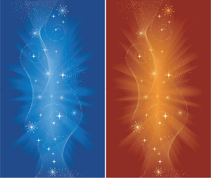 Festive backgrounds for Christmas, New Years Eve, etc. with spirals, swirls and stars in red, orange and blue. Use of blends, global colors.