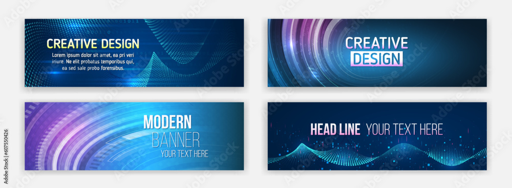 Aufkleber Abstract horizontal promotion media cover design. Big data futuristic web background. Visualization of data arrays, databases. Information flow, sorting. Set of Hi-tech banner templates for websites.