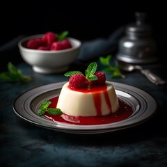 A Creamy Italian Panna Cotta Dessert with Raspberry Sauce