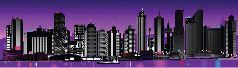 Vector illustration of a very detailed city skyline at night (each element can be edited)