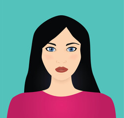 Vector illustration of a beautiful young woman with black hair and blue eyes.