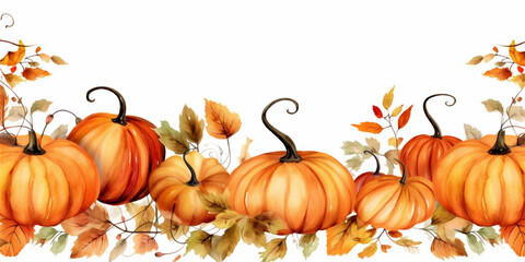 watercolor illustration of autumn pumpkins and leaves on white background with copy space, ai generated