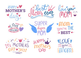 Cartoon Color Happy Mother Day Concept Set Flat Design Style Include of I Love You and Best Mom Congratulations. Vector illustration