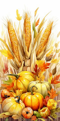 illustration autumn still life with pumpkins and corn with white background, ai generated