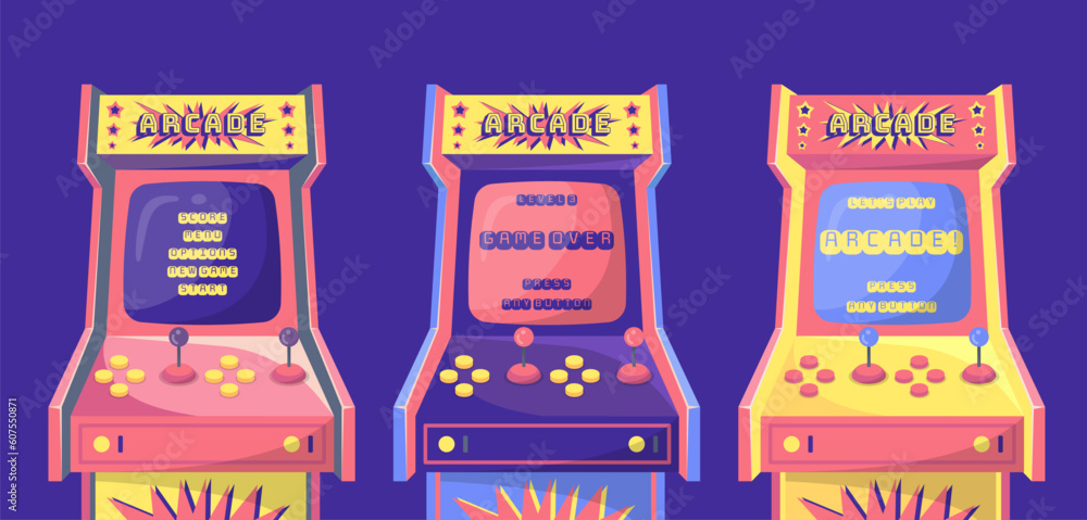 Poster cartoon color retro arcade game machine interface screen set gaming concept flat design style. vecto