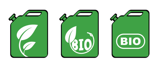 Cartoon green biofuel gasoline, jerrycan with handle. Bio jerry can, recycl. Canisters symbol. Fuel tank for transporting and storing petrol. Can jerrycan, canister recycling.