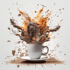 Explosion of coffee espresso with a cup and beans 