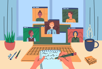 Fototapeta na wymiar Cartoon Color Characters People Coworkers or Partners and Video Conference Concept Flat Design Style. Vector illustration of Online Meeting