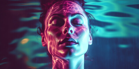 A 3d generated woman unwinding on the surface of the water of the sensory deprivation tank. Mental stress relief. Non-traditional healing and wellness. Mindful Self-Compassion. Generative ai