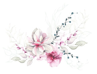 Fototapeta na wymiar White lotus and pink rose flowers, pale green branches, leaves, blue little twigs. Watercolor floral bouquet.