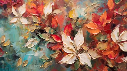 Abstract artistic background merges the rich textures of gorgeous flowers and leaves in painterly style. Enchanting view, harmony of art on canvas. Wallpaper, illustration, card. Generative AI.  - obrazy, fototapety, plakaty