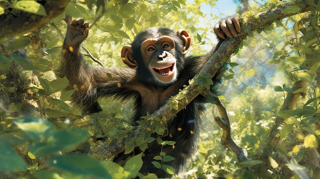 A delightful wallpaper showcasing a playful chimpanzee sticking its tongue out at the camera while swinging from a tree branch. Illustration. Generative AI. 
