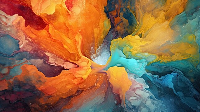 A mesmerizing wallpaper showcasing a fluid art masterpiece with vibrant swirls and splashes of colors. The high level of detail captures the intricate patterns and textures. Generative AI. 