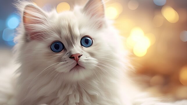 A wallpaper showcasing a close-up photograph of a fluffy white kitten with bright blue eyes. Illustration with white cat - kitty. Generative AI. 
