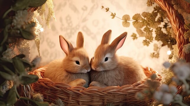 An endearing wallpaper showcasing a pair of fluffy rabbits cuddling together in a cozy nest. The soft lighting and pastel tones. Illustration. Generative AI. 