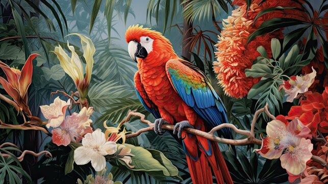 An enchanting wallpaper showcasing a curious parrot perched on a tree branch against a backdrop of tropical foliage. Illustration. Generative AI.