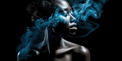 blue smoke and woman on black background. Generative AI image.