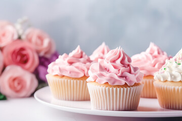 Delicious festive cupcakes for holiday, birthday, wedding. Generative AI. 