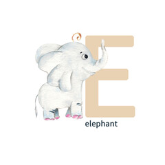 Letter E, elephant, cute kids colorful animal alphabet. Watercolor illustration isolated on white background.