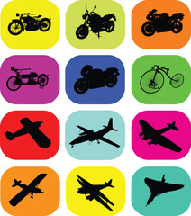 Vector motorbike and airplane icons on a colorful background