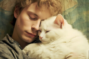 Man Cuddling with his Feline Friend, a Cat - It must be true love (Generative AI)